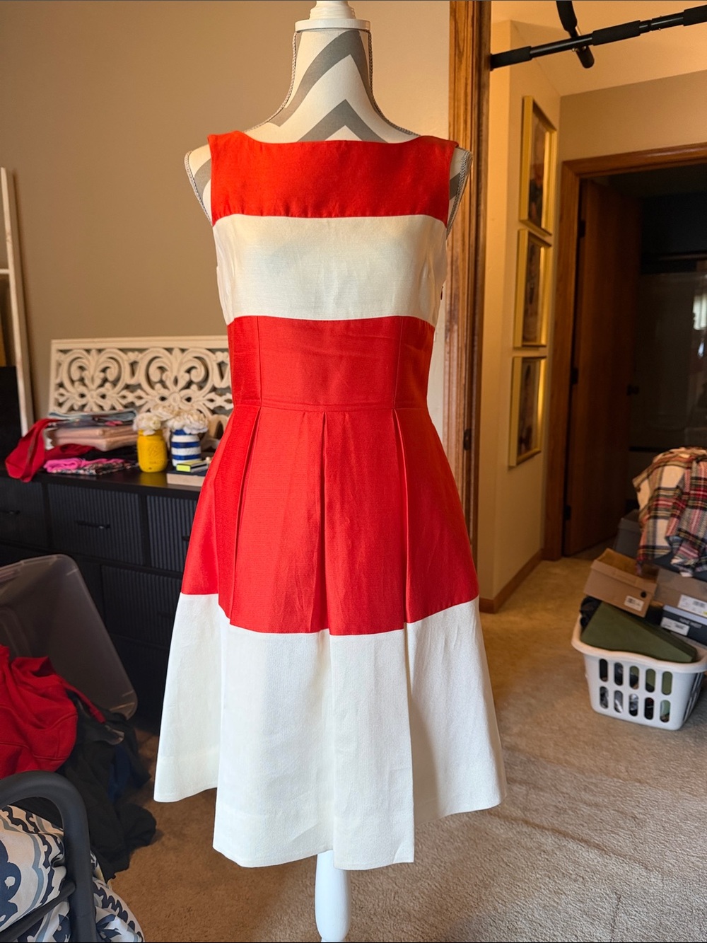 kate spade Red and White Sleeveless Colorblock Fit-and-Flare Dress
